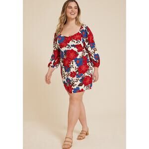NEW! Maurices Plus Size Floral Sweetheart Babydoll Mini Dress‎ Sz 1X Long Sleeve
